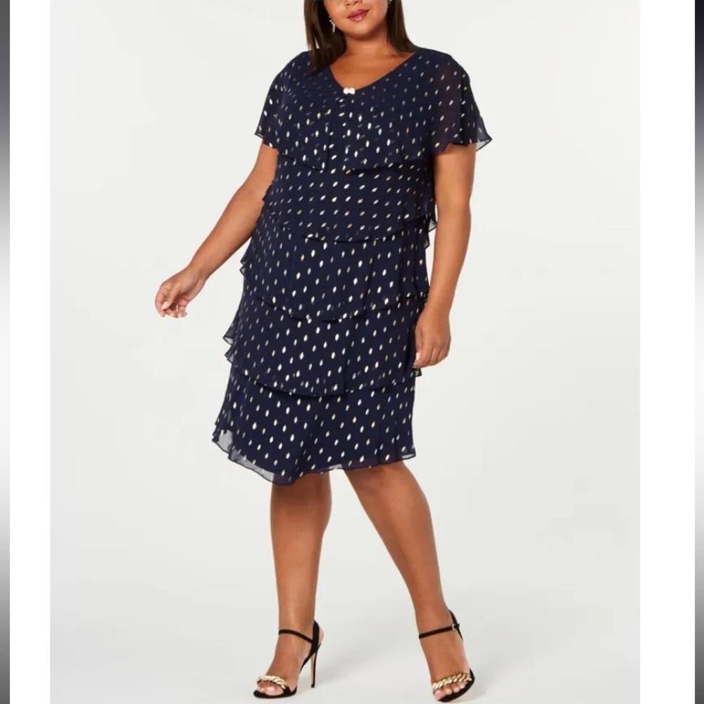Women’s Formal Dress Plus Size 14W, 16 SLNY Navy Gold Embellished Flutter Sleeve